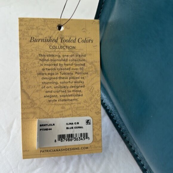 Patricia Nash Ilina Leather Tooled Flap Handbag Blue Coral Crossbody D Ring - Picture 13 of 15